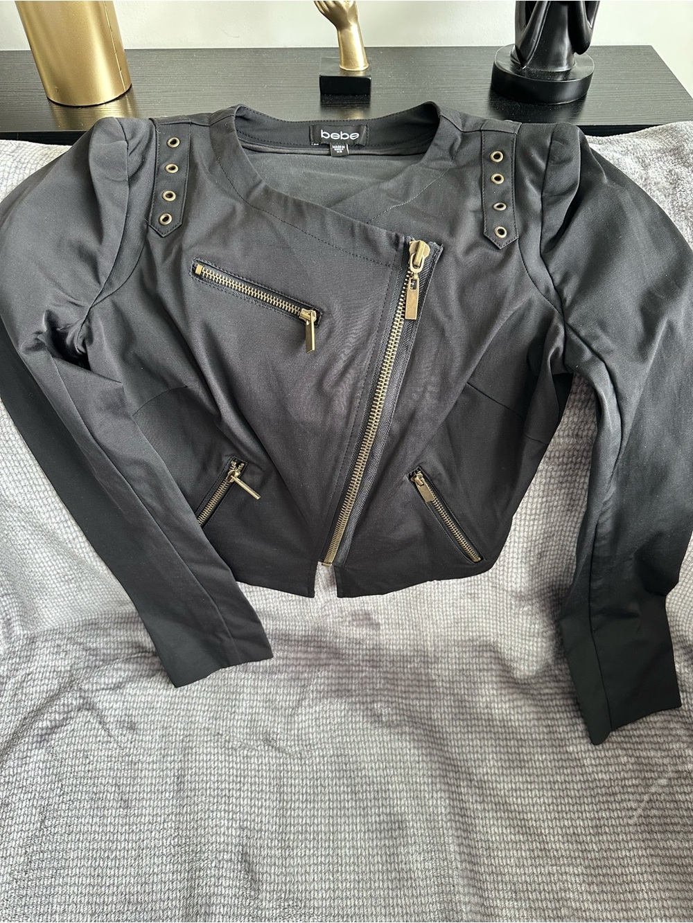 bebe Black Asymmetrical Moto-Style Jacket with Gold Hardware